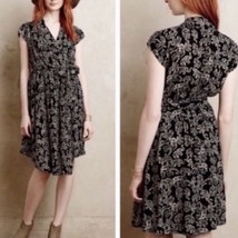 Anthro Maeve Elephant Print Faux Wrap Cap Sleeve Tie Waist Dress Black Size S - £29.56 GBP