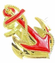 Vintage Crown Trifari Alfred Philippe Anchor Brooch Gold Tone W Red Enamel Rare - £34.93 GBP