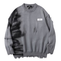  Graffiti Hip Hop Pullover Hole Oversize Sweater Men Fashion Vintage Loose Long  - £124.63 GBP