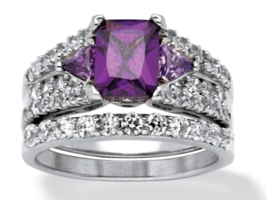 Emerald Cut Purple Cz Bridal 2 Ring Set Platinum Sterling Silver 6 7 8 9 10 - £159.49 GBP