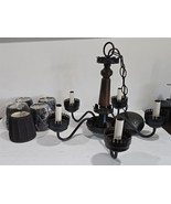 Vtg 5-Arm Black Metal Wood w/NEW Fabric Shades Chandelier Ceiling Light ... - €33,26 EUR