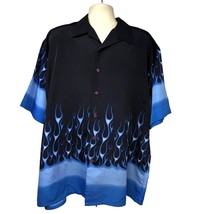 Moon Vintage Rockabilly Black Blue Double Graphic Flames Button Up Camp ... - £38.78 GBP