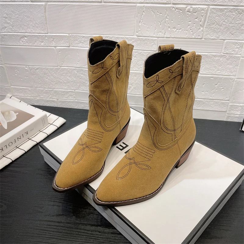 Western boy Boots 2024 PU Leather Pointed Toe Thick Heel Retro Knight Boots Mart - £143.98 GBP