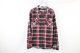 Buckle Black Mens Large Distressed Thick Stitch Snap Button Shirt Red Plaid - $29.65