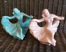 Two  Vintage Dancing Ceramic Figurines - Teal &amp; Peach. 5.5 inch - £29.77 GBP
