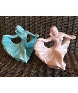 Two  Vintage Dancing Ceramic Figurines - Teal &amp; Peach. 5.5 inch - £29.25 GBP
