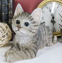 Resting Feline Gray Tabby Cat Kitten Figurine With Realistic Glass Eyes ... - £31.89 GBP