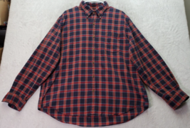 Lands&#39; End Shirt Men XL Navy Orange Plaid Flannel Cotton Long Sleeve Button Down - £14.85 GBP