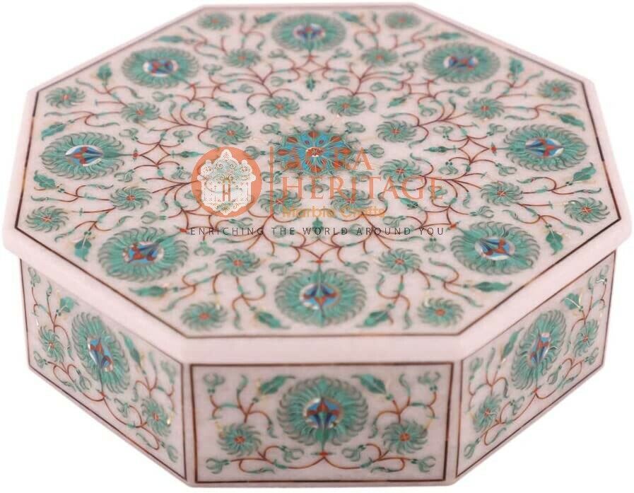 Primary image for 8"x8"x2" Marble Jewelry Vintage Box Malachite Fine Floras Design Christmas Gift 
