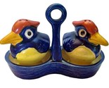 Vtg Ceramic SALT &amp; PEPPER Shakers Blue Birds w Caddy - £6.69 GBP