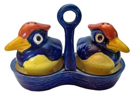 Vtg Ceramic SALT &amp; PEPPER Shakers Blue Birds w Caddy - £6.64 GBP