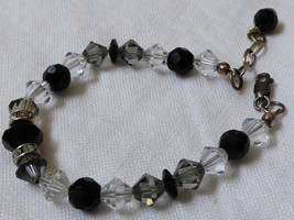 Sterling Silver 925 Clear &amp; Black Crystal Beaded Bracelet 6.25&quot;L - £13.26 GBP