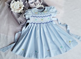 Baby Blue Hand-Smocked Embroidered Peter Pan Collar Dress / Flower Girl Dress - £31.63 GBP
