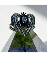 925 Silver Gothic Wing Black Stone Ring 7x9mm Oxidized Adjustable Dark Boho - $42.99