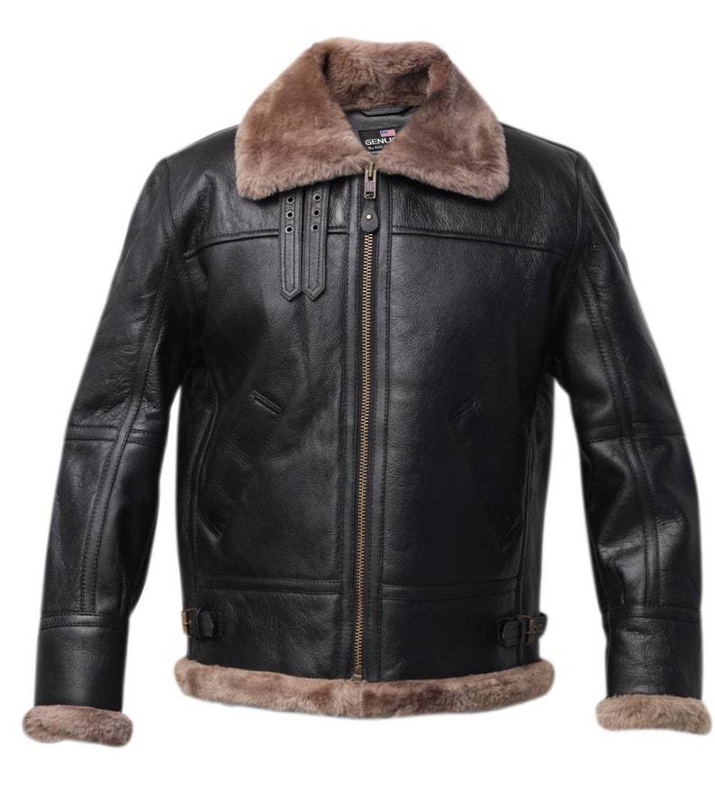 Primary image for Black B3 Grey Shearling fur Jacket Cockpit Pilot Bomber Jacket WW2 Military Heav