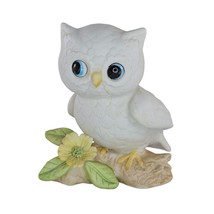 Vintage White Owl Figurine Big Blue Eyes On Log Yellow Flower - £11.79 GBP