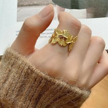 18K Yellow GP Ginkgo Leaf Finger Ring Feathers Open Band Adjustable Women&#39;s Gift - £77.08 GBP