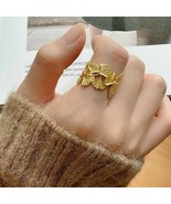 18K Yellow GP Ginkgo Leaf Finger Ring Feathers Open Band Adjustable Wome... - £77.08 GBP
