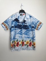 KENNINGTON Men&#39;s Hawaiian Blue Orange Short Sleeve Wood Button Floral Sh... - $26.54