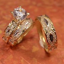Men&#39;s Wedding Band Women&#39;s Trio Ring Set 14k Yellow GP 925 Silver Sim Diamond - £90.23 GBP