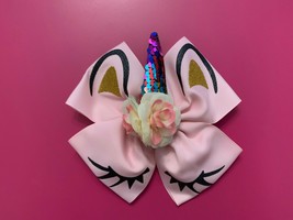 pink Unicorn Bow 6 inches sequin horn glitter flower girl - £6.23 GBP