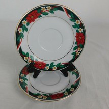 Lot of 2 Tienshan Deck the Halls Fine China 6&quot; Saucers ONLY Poinsettia Gold Trim - £7.61 GBP