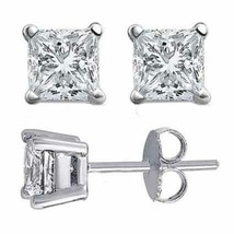 1.25CT Brilliant Princess Cut Solid 14K White Gold PushBack Stud Earrings - £80.19 GBP