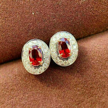 3Ct Oval Cut Simulated Red Garnet Stud Earrings Gold Plated 925 Silver - £64.88 GBP