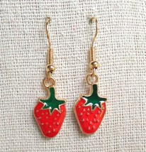 New Red Enamel Strawberry Fruit Drop Dangle Earrings Small Gold Plated Hooks Fun - £11.84 GBP