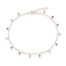 Sterling Silver Bezel-Set Rainbow CZ Charms Anklet - Rose Gold Plated - £29.06 GBP