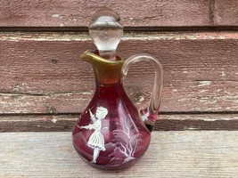 VTG Antique MARY GREGORY Cranberry Glass Cruet w/ Stopper Hand Painted G... - $29.65