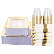 350 Pcs Gold Plastic Square Dinnerware, Disposable Gold Plates, Includes: 50 Din - £100.33 GBP