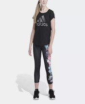 adidas Training Floral 7/8 Tight Legging Pants Girls XL 16 Black NEW - £15.49 GBP