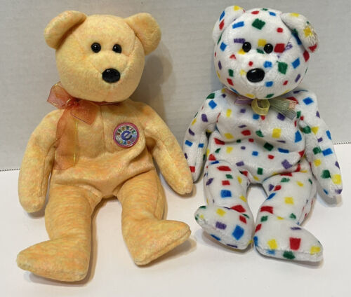 VTG TY Beanie Babies 2000 Sunny Orange Bear 1999 TY 2K Confetti Bear 9" Lot 2 - £8.35 GBP