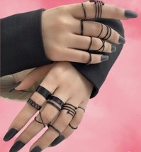 16 Piece Ring Set - Black Stackable Rings - Midi Rings - Gothic jewellery - £8.83 GBP