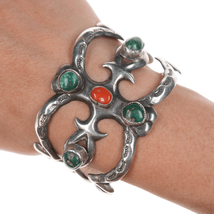 6.5&quot; Vintage Navajo stamped cast silver coral and turquoise cuff bracelet. - $485.10