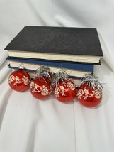 4 Vintage Red Mercury Glass Ornaments Red Glitter Rose Stencil Flowers USA - £33.71 GBP