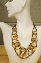 Estate Jewelry Art Nouveau Stamped Cameo Coin Brass Choker Necklace 13.5&quot; - £58.42 GBP
