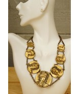 Estate Jewelry Art Nouveau Stamped Cameo Coin Brass Choker Necklace 13.5" - £58.83 GBP