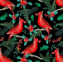 Cardinal Christmas Fabric Holly Pine Black Red 100% Cotton Fat Quarter 18&quot; x 21&quot; - £5.95 GBP