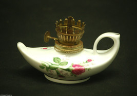 Vintage Ceramic Miniature Genie Finger Oil Lamp w Rose Pattern w/o Glass Chimney - £11.09 GBP