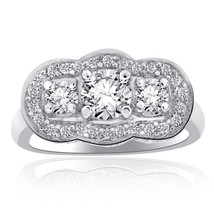1.15 Carat Round Diamond Three Stone Halo Engagement Ring 14K White Gold - £1,232.78 GBP