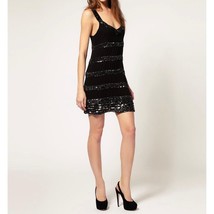 French Connection Black Fully Lined Buzzy Beaded Spaghetti Night Out Dre... - $79.19