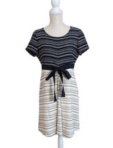 Women&#39;s Navy Blue Beige Woven Textured A-line Dress Sz Medium w/Bow - $12.86