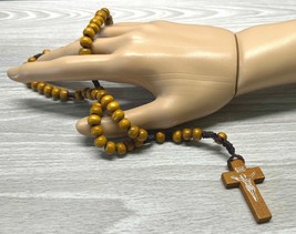Vintage INRI Wood Beaded Rosary Crucifix Cross Necklace Prayer Beads 20&quot;... - $16.94