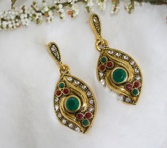 EMERALD GREEN Bride Drop Earrings Fashion Antique Gold Color Resin Post Earrings - £14.43 GBP