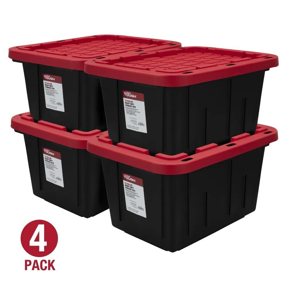 12 Gallon Snap Lid Storage Bin Container Tote Box Durable Plastic Black Set of 4 - £48.45 GBP