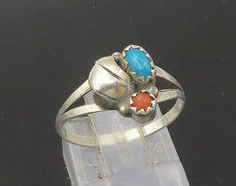 NAVAJO 925 Silver - Vintage Turquoise &amp; Coral Floral Band Ring Sz 7 - RG22299 - £42.47 GBP