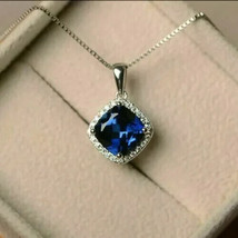 2Ct Cushion Cut Simulated Blue Sapphire Halo Pendant 14K White Gold Plated 18&quot; - £32.87 GBP