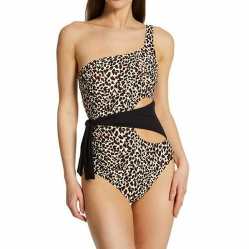 MSRP $126 Vince Camuto Printed One-Shoulder Wrap Tie One-Piece Black Size 4 Item image 2